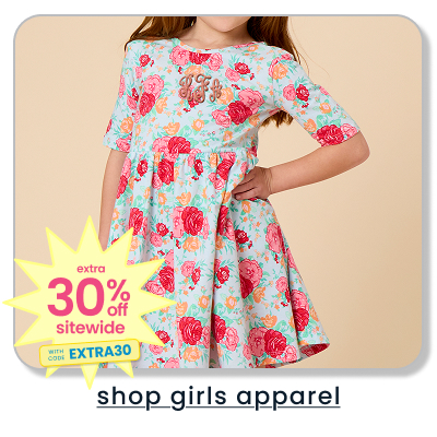 "Floral dress with pink and coral rose print and short sleeves. Promotional badge reads ‘Extra 30% off sitewide with code EXTRA30.’ Text below reads ‘shop girls apparel.’"