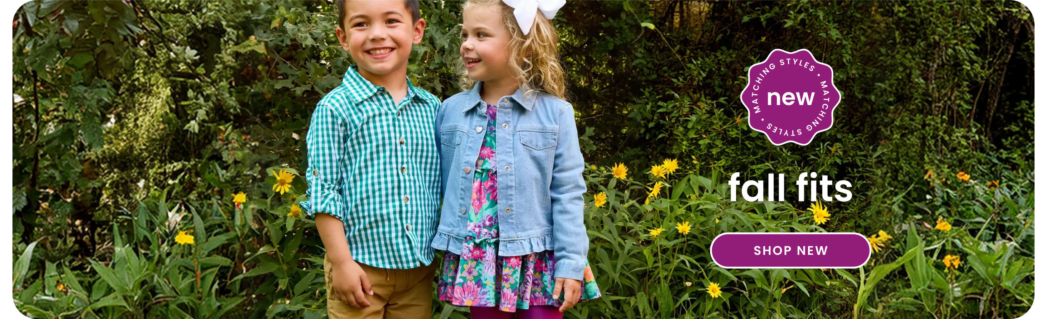 "Banner reading ‘New Fall Fits’ with a purple new badge. Shows seasonal apparel including a green gingham shirt, floral dress, and denim jacket. Includes a purple ‘Shop New’ button."
