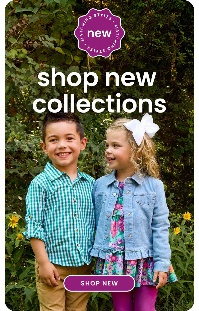 Promotional banner showing two children standing in a garden wearing fall apparel. Text reads ‘New matching styles, shop new collections,’ with a Shop New button.