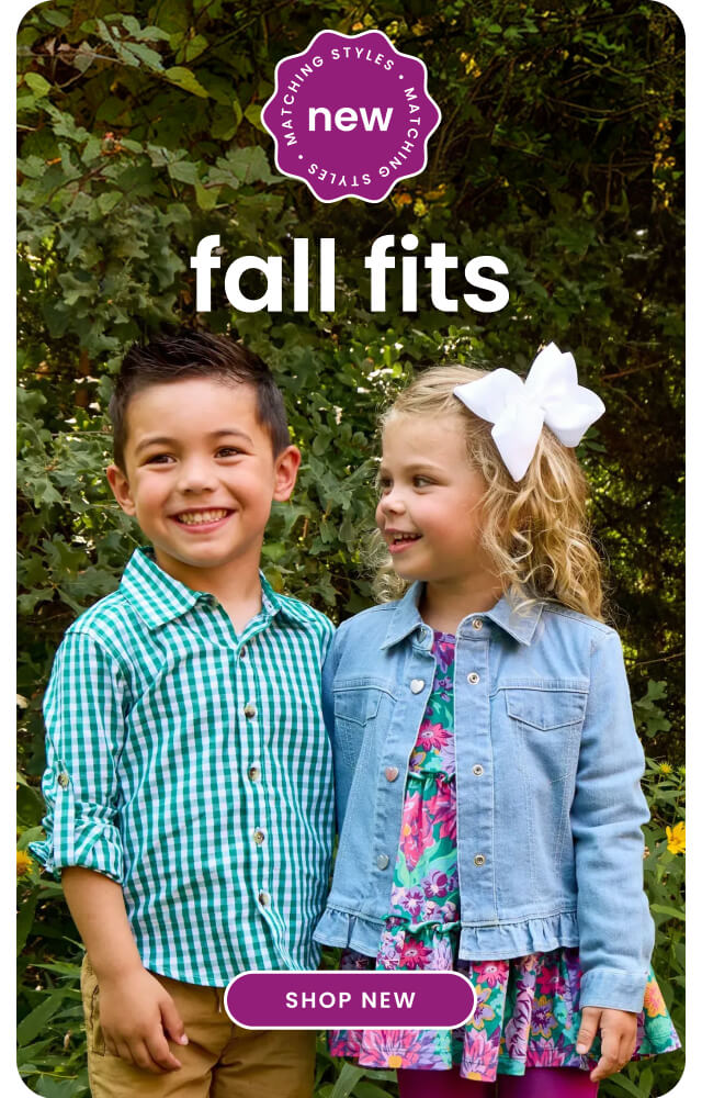 "Banner reading ‘New Fall Fits’ with a purple new badge. Shows seasonal apparel including a green gingham shirt, floral dress, and denim jacket. Includes a purple ‘Shop New’ button."