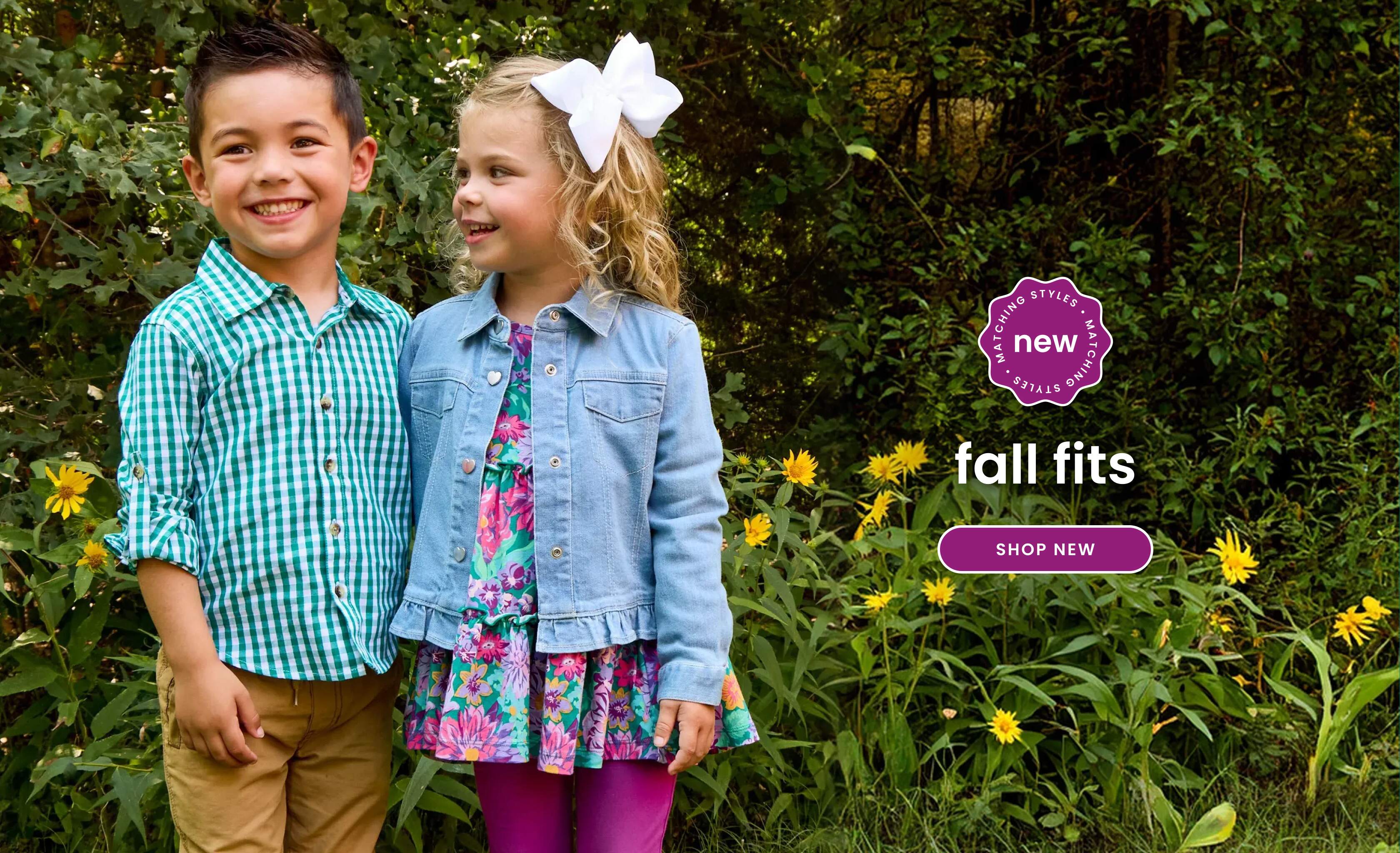 "Banner reading ‘Matching Apparel — Harvest’ with floral graphics and a purple ‘new’ badge. Child wearing a floral print outfit with a matching bow headband. Includes a ‘Shop New’ button."