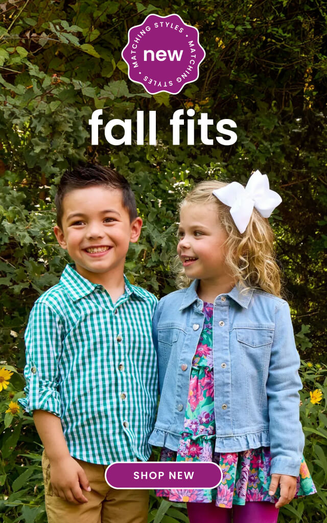 "Banner reading ‘Matching Apparel — Harvest’ with floral graphics and a purple ‘new’ badge. Child wearing a floral print outfit with a matching bow headband. Includes a ‘Shop New’ button."