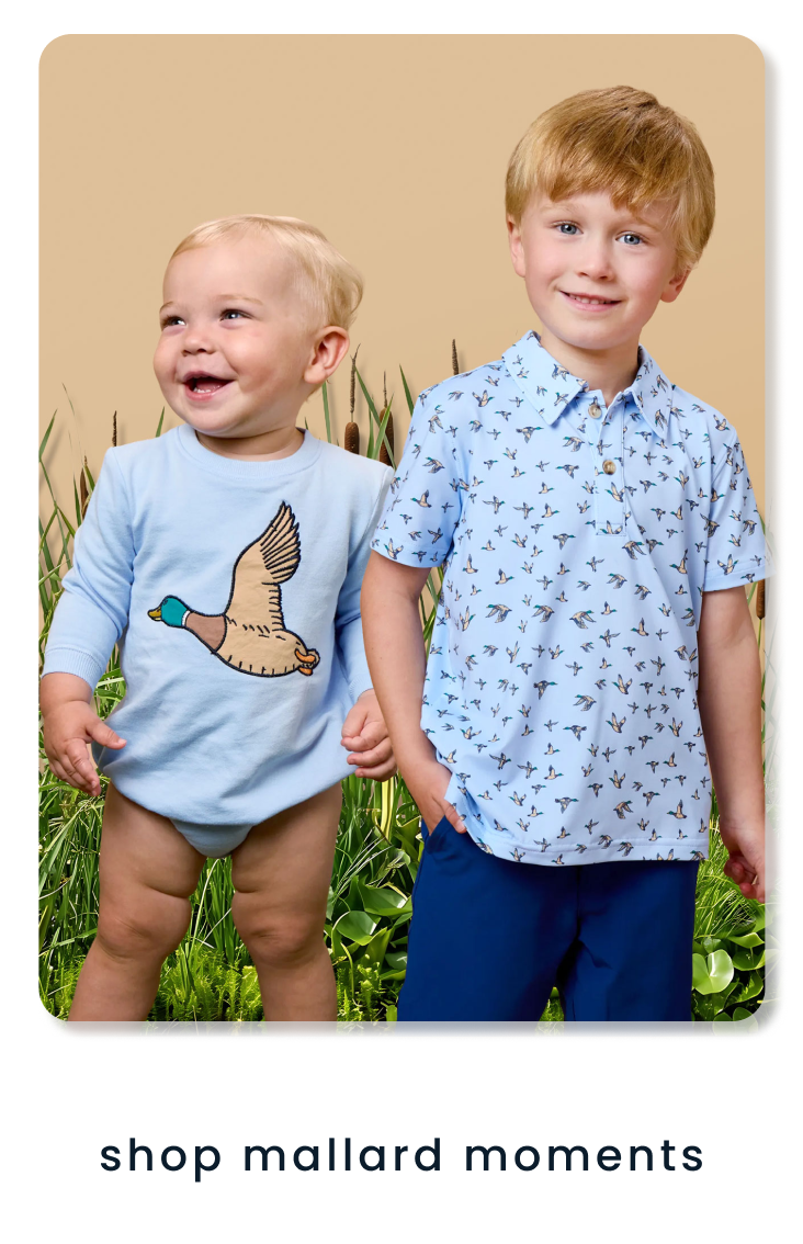 Two children in camping and fishing patterned pajamas and swimwear.  Text reads "shop outdoor collection".