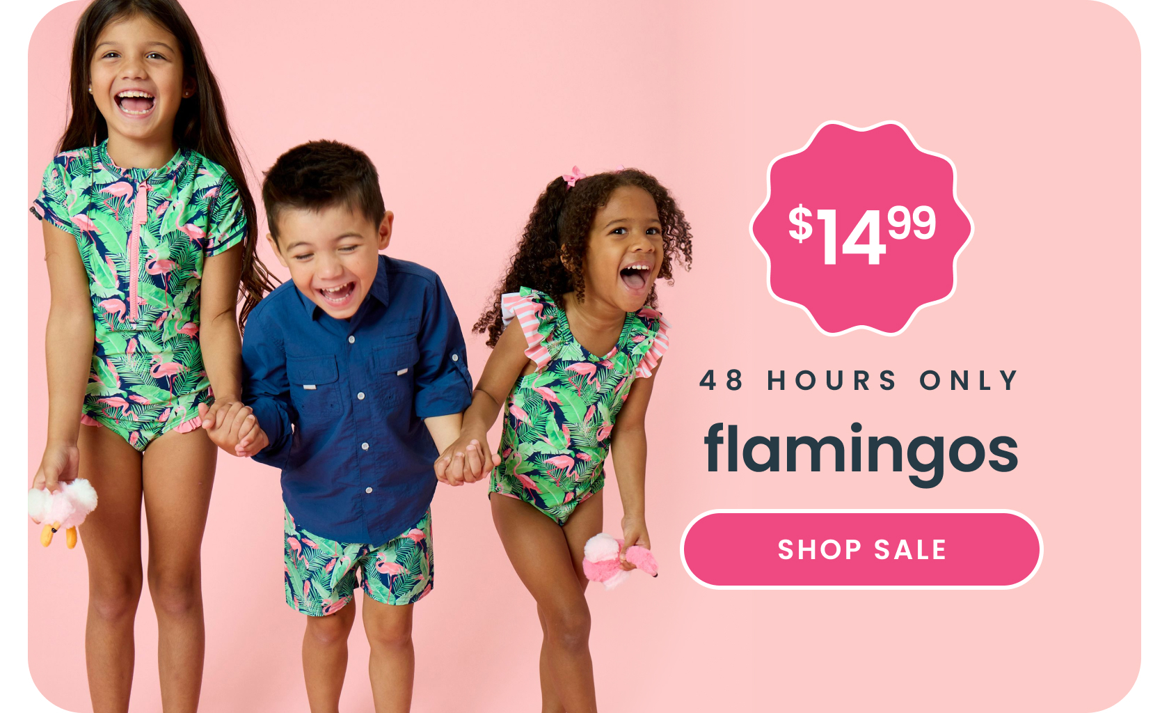 "Pink banner with flamingo and tropical leaf graphics. Text reads ‘48 Hours Only,’ ‘Flamingos,’ and ‘$14.99,’ with a ‘Shop Sale’ button. Shows coordinating flamingo-print swimwear and apparel."