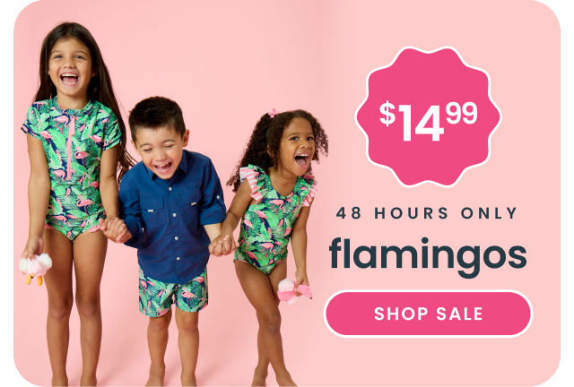 "Pink banner with flamingo and tropical leaf graphics. Text reads ‘48 Hours Only,’ ‘Flamingos,’ and ‘$14.99,’ with a ‘Shop Sale’ button. Shows coordinating flamingo-print swimwear and apparel."