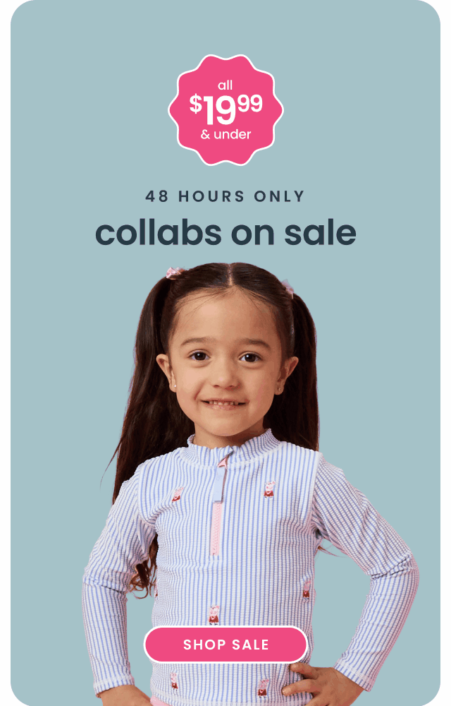 Promotional banner showing two children wearing licensed character apparel. Text reads ‘48 hours only, collabs on sale, all $19.99 and under,’ with a Shop Sale button.