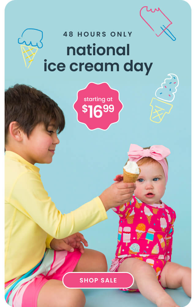 Promotional banner showing two children in colorful ice cream–print swimwear. Text reads ‘48 hours only, National Ice Cream Day, starting at $16.99,’ with a Shop Sale button.