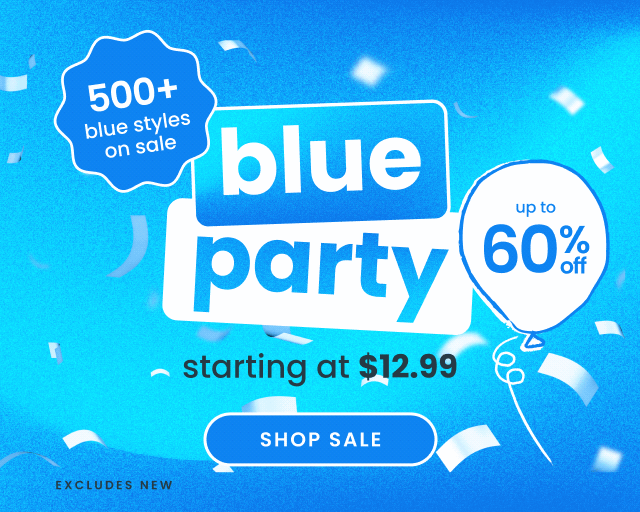 Promotional banner with blue confetti and text reading ‘Blue Party,’ ‘Up to 60% off,’ ‘500+ pink styles on sale,’ and ‘Starting at $12.99,’ with a Shop Sale button."