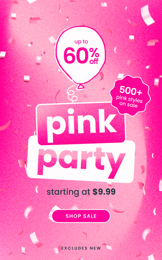 Promotional banner with pink confetti and text reading ‘Pink Party,’ ‘Up to 60% off,’ ‘500+ pink styles on sale,’ and ‘Starting at $9.99,’ with a Shop Sale button.
