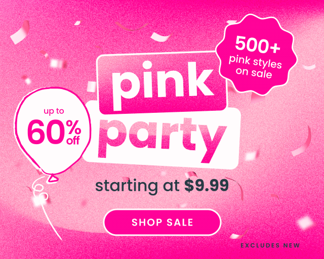 Promotional banner with pink confetti and text reading ‘Pink Party,’ ‘Up to 60% off,’ ‘500+ pink styles on sale,’ and ‘Starting at $9.99,’ with a Shop Sale button."