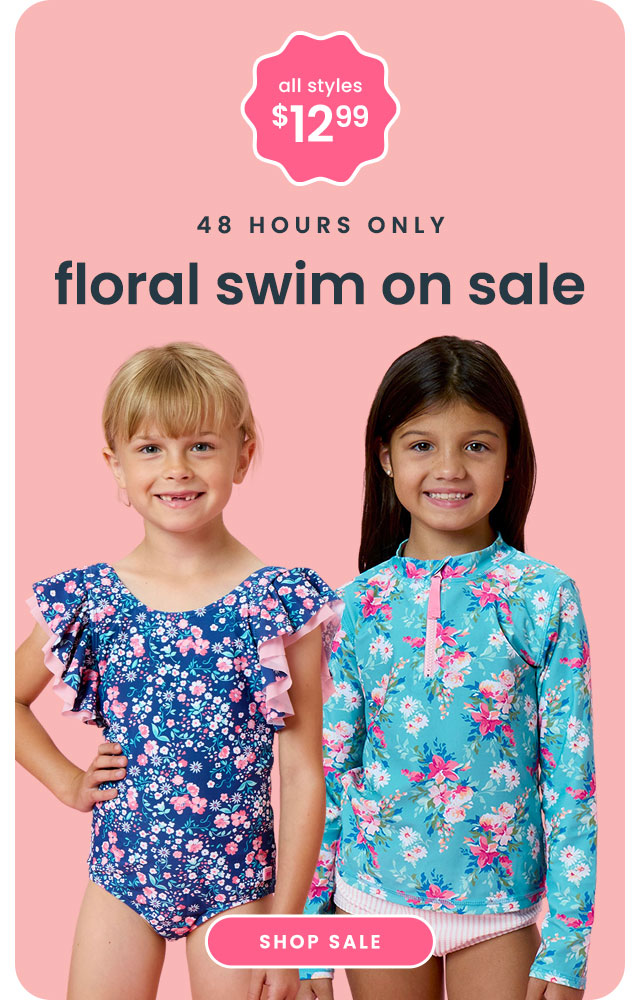 "Pink banner reading ‘48 Hours Only’ and ‘Floral Swim on Sale.’ Features floral swimsuits in blue and teal prints with text ‘All Styles $12.99’ and a pink ‘Shop Sale’ button."
