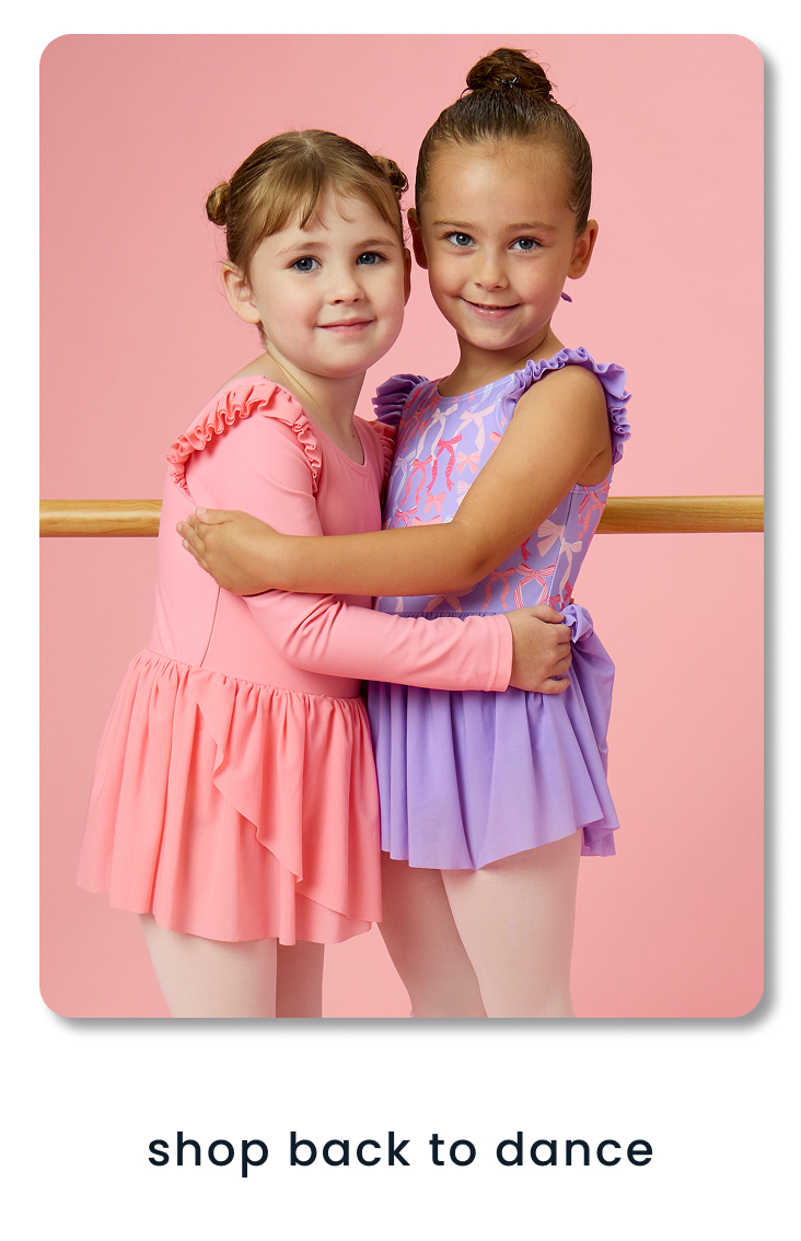 "Pink banner reading ‘Twirl, Tumble, Play – Back to Dance’ with a new badge. Shows pastel dancewear styles in pink and lavender. Includes a pink ‘Shop New’ button."