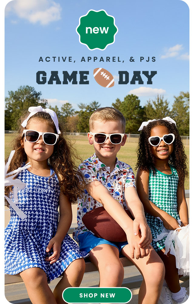 "Banner reading ‘New Active, Apparel, & PJs — Game Day’ with football-themed graphics. Three children wearing coordinated game day outfits sit on bleachers. Includes a green ‘Shop New’ button."