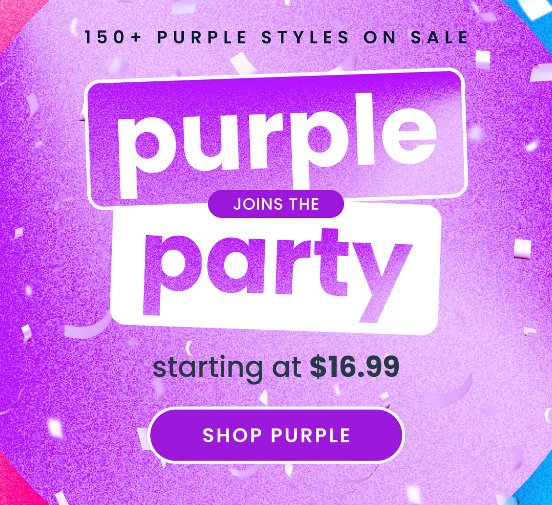 Promotional banner with purple confetti and text reading ‘Purple Party,’ ‘Up to 60% off,’ ‘150+ pink styles on sale,’ and ‘Starting at $16.99,’ with a Shop Sale button."