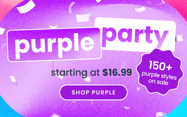 Promotional banner with purple confetti and text reading ‘Purple Party,’ ‘Up to 60% off,’ ‘150+ pink styles on sale,’ and ‘Starting at $16.99,’ with a Shop Sale button."