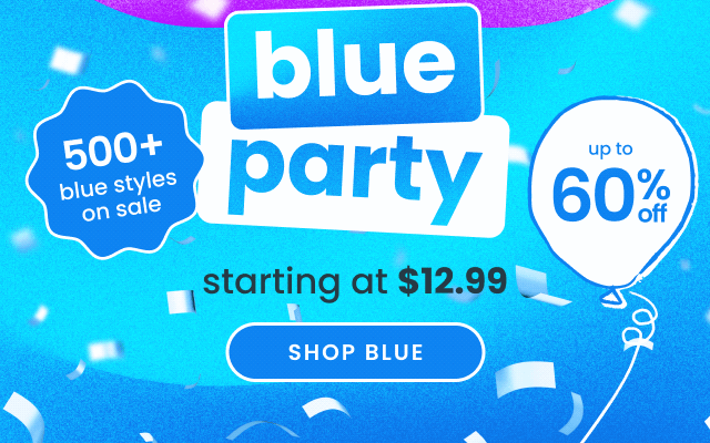 Promotional banner with blue confetti and text reading ‘Blue Party,’ ‘Up to 60% off,’ ‘500+ pink styles on sale,’ and ‘Starting at $12.99,’ with a Shop Sale button."