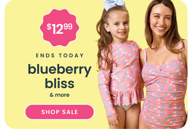 "Yellow banner reading ‘48 Hours Only’ and "Blueberry Bliss.’ Features blueberry swimsuits in pink and blue prints with text ‘All Styles $12.99’ and a pink ‘Shop Sale’ button."