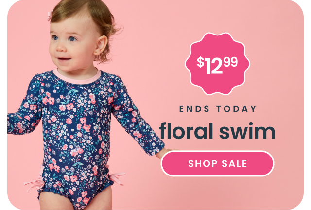 "Pink banner reading ‘48 Hours Only’ and ‘Floral Swim on Sale.’ Features floral swimsuits in blue and teal prints with text ‘All Styles $12.99’ and a pink ‘Shop Sale’ button."