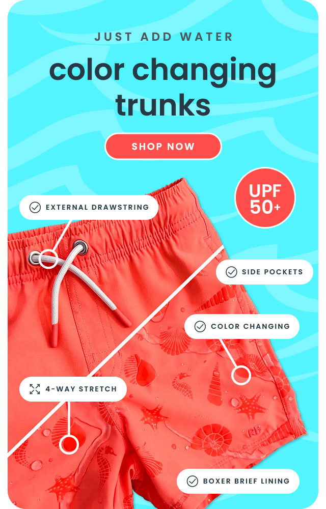 "Graphic highlighting color-changing swim trunks with UPF 50+ protection. Features include external drawstring, side pockets, four-way stretch, boxer brief lining, and water-activated pattern details. Button reads ‘Shop New.’"