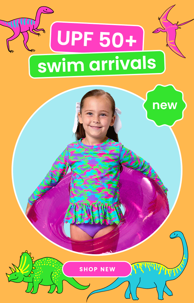 "Turquoise banner reading ‘New Matching Swim & Active — New to Neon’ with sun and cloud graphics. Shows neon camouflage swim and active styles and a yellow ‘Shop New’ button."