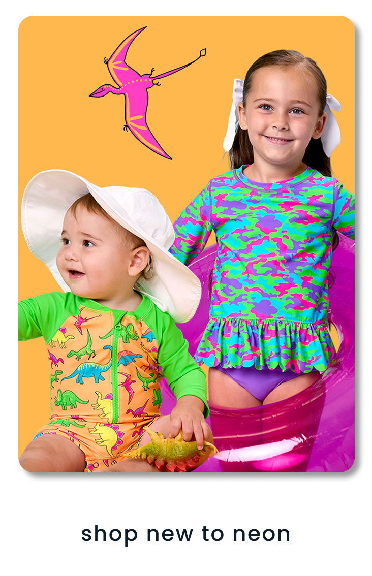 Orange banner reading ‘New Matching Swim & Active — New to Neon’ with dino graphics. Shows neon camouflage swim and active styles and a yellow ‘Shop New’ button."