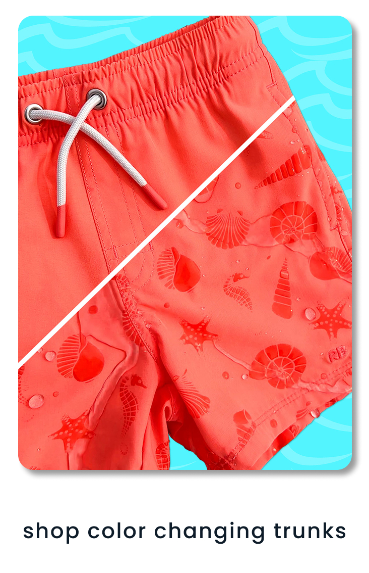 "Graphic highlighting color-changing swim trunks with UPF 50+ protection. Features include external drawstring, side pockets, four-way stretch, boxer brief lining, and water-activated pattern details. Button reads ‘Shop New.’"