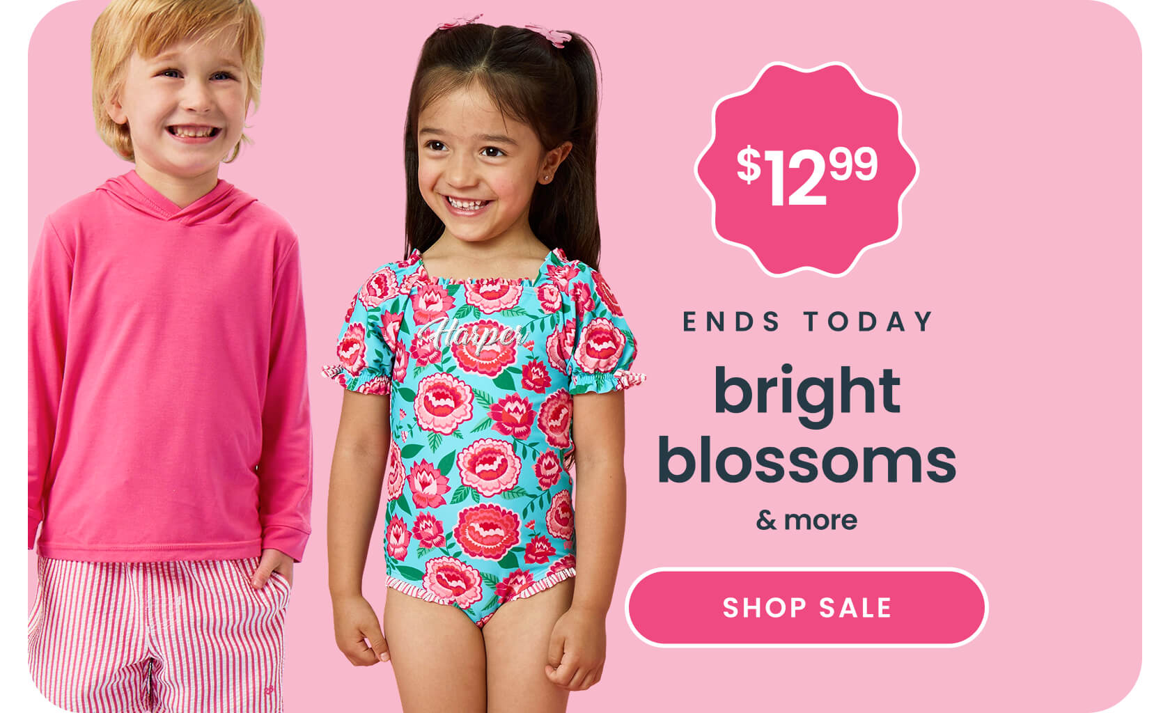 "Pink banner reading ‘48 Hours Only’ and ‘Bright Blossoms’ with a price badge showing ‘$12.99.’ Features a turquoise floral swim top and a pink ‘Shop Sale’ button."