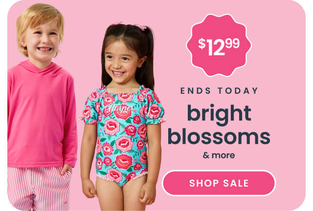 "Pink banner reading ‘48 Hours Only’ and ‘Bright Blossoms’ with a price badge showing ‘$12.99.’ Features a turquoise floral swim top and a pink ‘Shop Sale’ button."