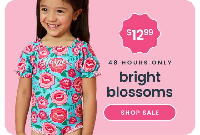 "Pink banner reading ‘48 Hours Only’ and ‘Bright Blossoms’ with a price badge showing ‘$12.99.’ Features a turquoise floral swim top and a pink ‘Shop Sale’ button."