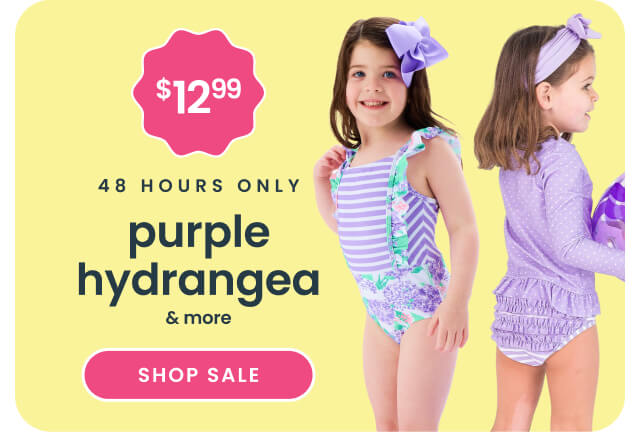 "Yellow banner reading ‘48 Hours Only’ and ‘Purple Hydrangea & More.’ Features lavender striped and floral swimwear with a $12.99 price badge and a pink ‘Shop Sale’ button."