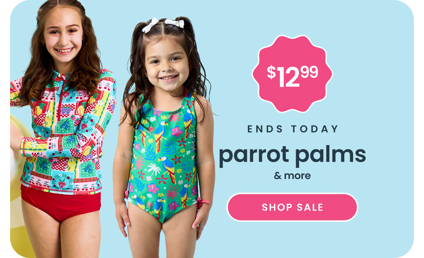 "Blue banner reading ‘48 Hours Only’ and ‘Parrot Palms & More.’ Features tropical-print swimwear with a $12.99 price badge and a pink ‘Shop Sale’ button."