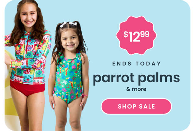 "Blue banner reading ‘48 Hours Only’ and ‘Parrot Palms & More.’ Features tropical-print swimwear with a $12.99 price badge and a pink ‘Shop Sale’ button."