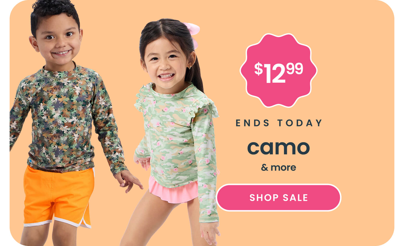 "Peach banner reading ‘48 Hours Only’ and ‘Camo & More.’ Features camouflage swimwear with bright orange shorts, a $12.99 price badge, and a pink ‘Shop Sale’ button."