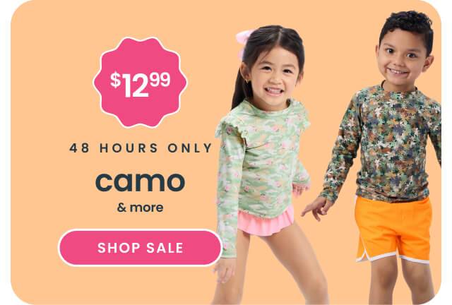 "Peach banner reading ‘48 Hours Only’ and ‘Camo & More.’ Features camouflage swimwear with bright orange shorts, a $12.99 price badge, and a pink ‘Shop Sale’ button."
