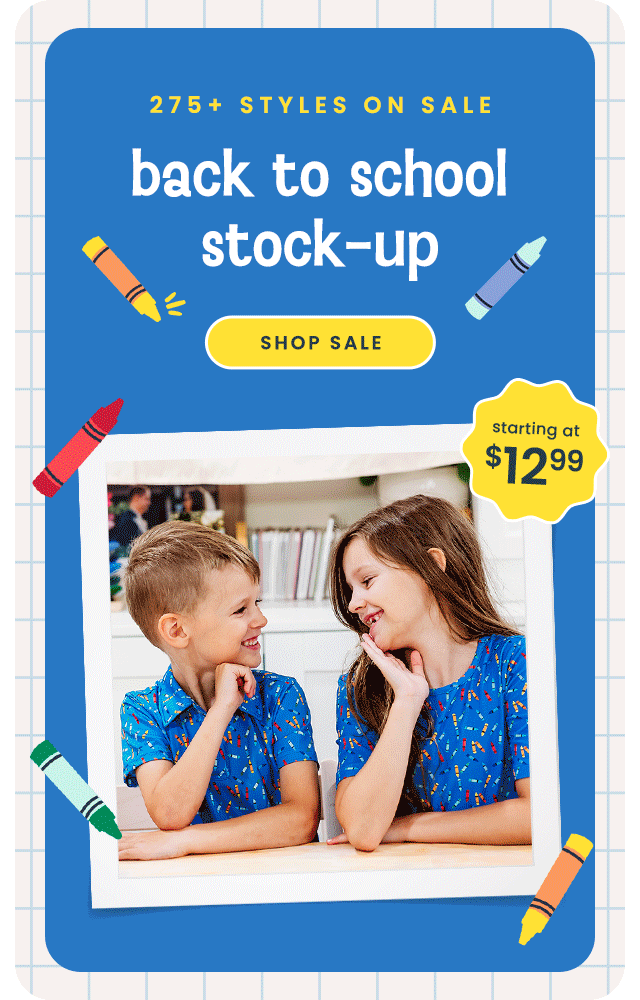 "Blue back-to-school sale banner with crayon graphics. Text reads ‘275+ styles on sale,’ ‘back to school stock-up,’ and ‘starting at $12.99,’ with a yellow ‘Shop Sale’ button."