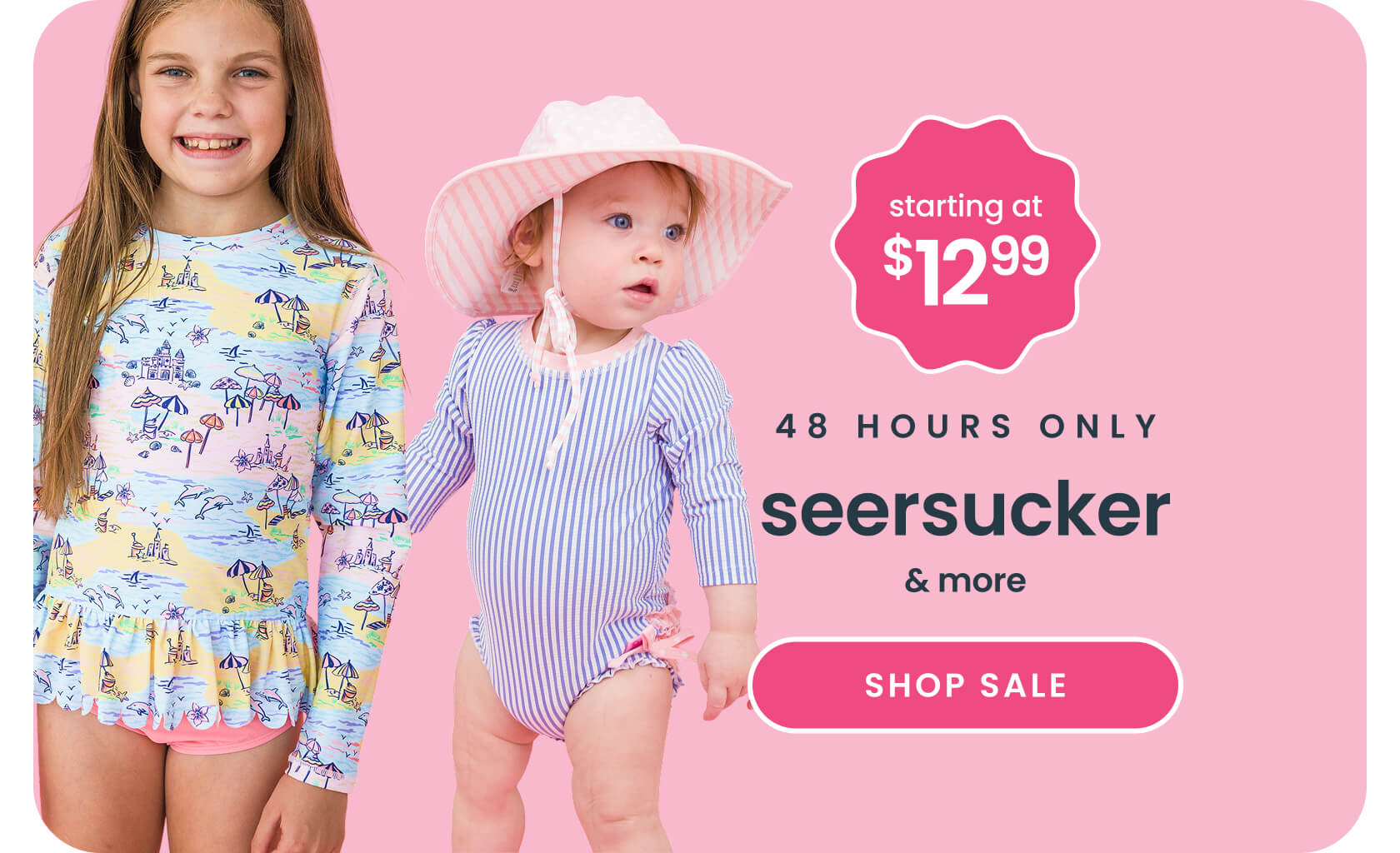 Pink banner reading ‘48 Hours Only’ and ‘Seersucker & More.’ Features striped swimwear styles, a price badge reading ‘starting at $12.99,’ and a pink ‘Shop Sale’ button.
