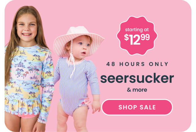 Pink banner reading ‘48 Hours Only’ and ‘Seersucker & More.’ Features striped swimwear styles, a price badge reading ‘starting at $12.99,’ and a pink ‘Shop Sale’ button.