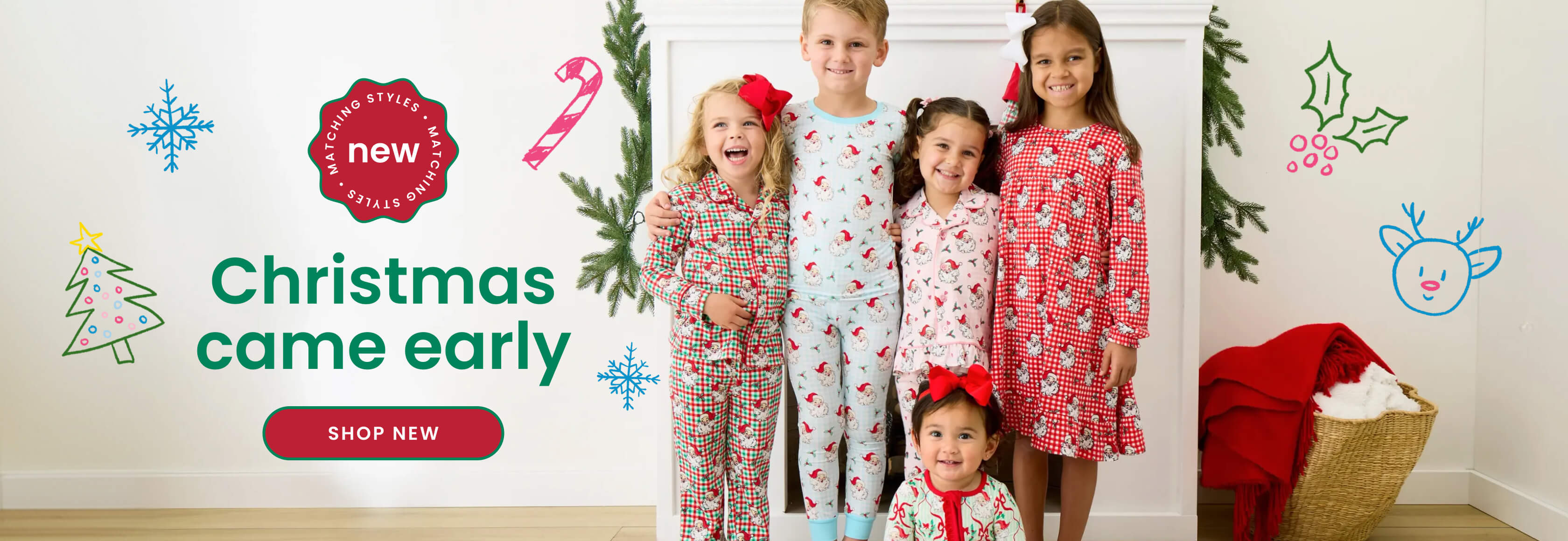"Holiday banner featuring matching Christmas pajamas with festive light, wreath, gift, and tree illustrations. Text reads &lsquo;The Christmas Shop&rsquo; with matching styles and personalized gifts."