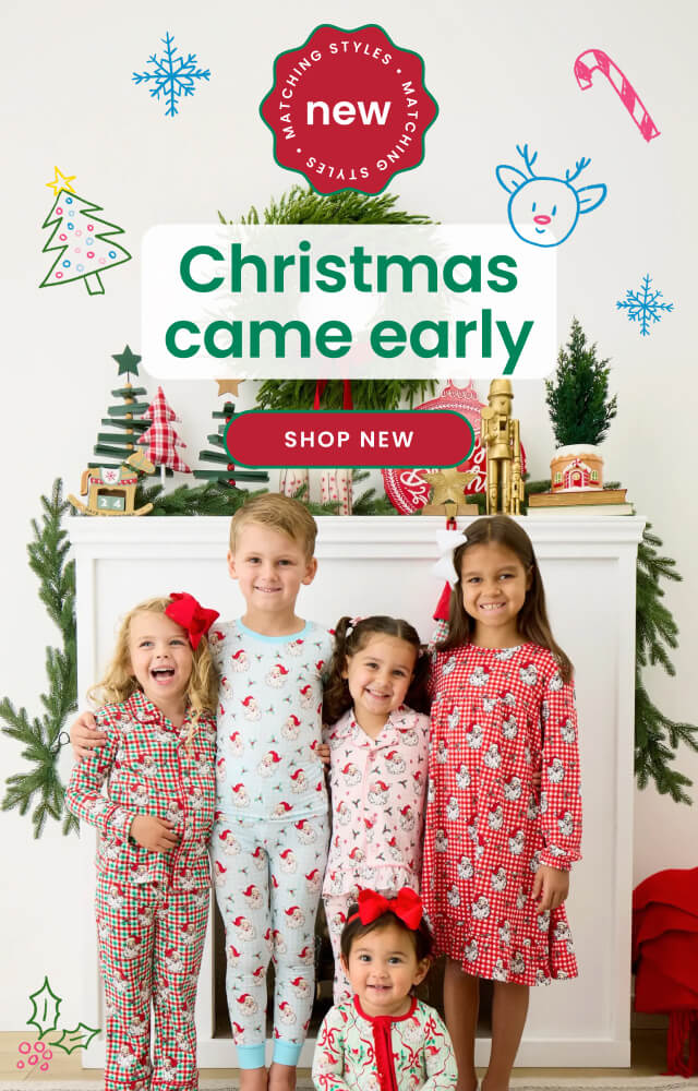 "Holiday banner featuring matching Christmas pajamas with festive light, wreath, gift, and tree illustrations. Text reads &lsquo;The Christmas Shop&rsquo; with matching styles and personalized gifts."