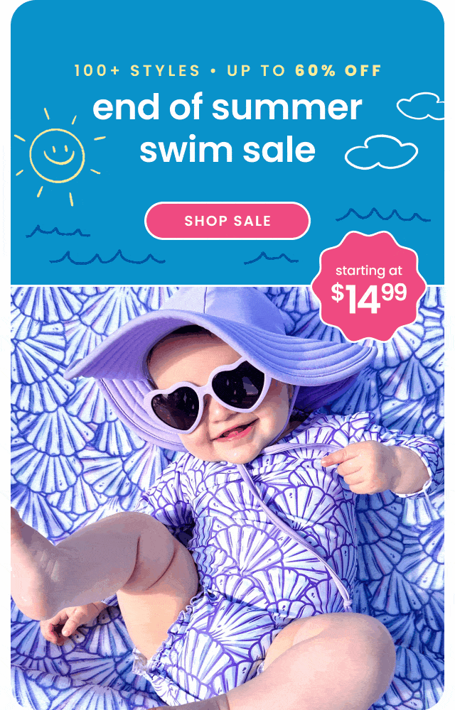 "Blue banner reading ‘End of Summer Swim Sale’ with text ‘100+ styles, up to 60% off’ and ‘starting at $14.99.’ Features a purple shell-print swimsuit, sun hat, and heart-shaped sunglasses with a pink ‘Shop Sale’ button."