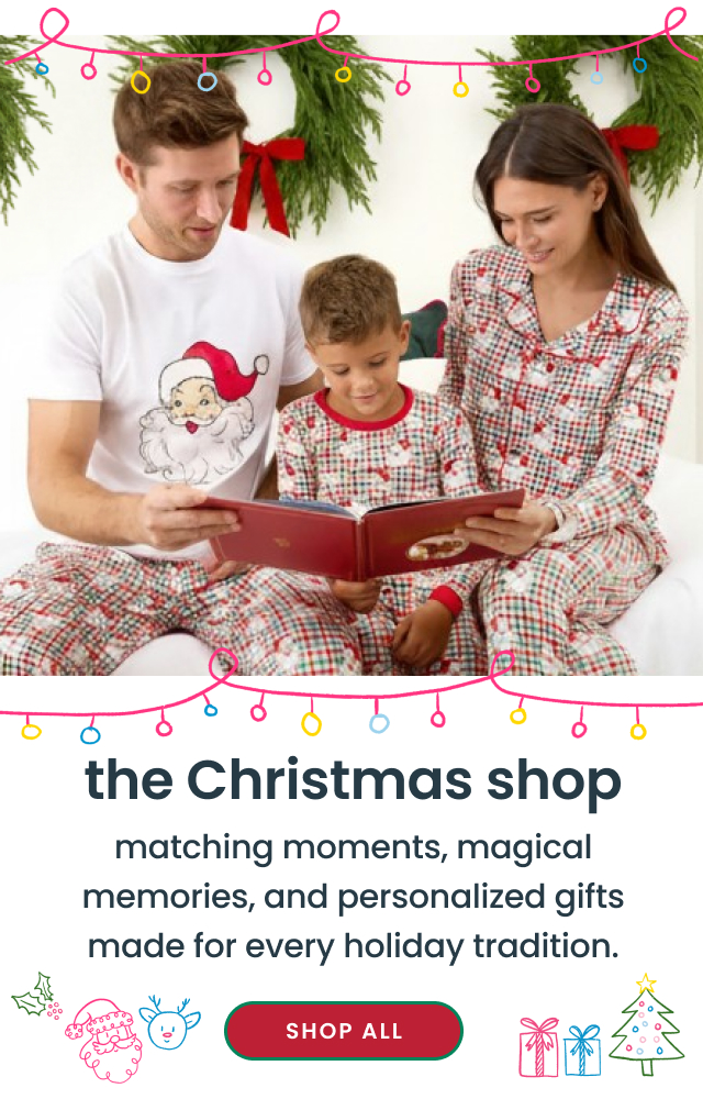 "Holiday banner reading ‘Christmas Came Early’ with a red ‘new’ badge and ‘Shop New’ button. Features matching Christmas pajamas and dresses in festive prints, with holiday decorations, wreath, trees, and snowflake graphics."