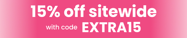 Promotional banner with pink background and text reading ‘15% off sitewide with code EXTRA15.