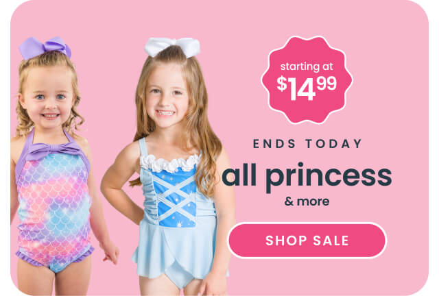 Promotional banner showing two children wearing princess‑inspired swimwear. Text reads ‘Starting at $14.99, ends today, all princess & more,’ with a Shop Sale button.
