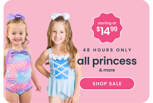 Promotional banner showing two children in princess‑inspired swimwear. Text reads ‘Starting at $14.99, 48 hours only, all princess & more,’ with a Shop Sale button.