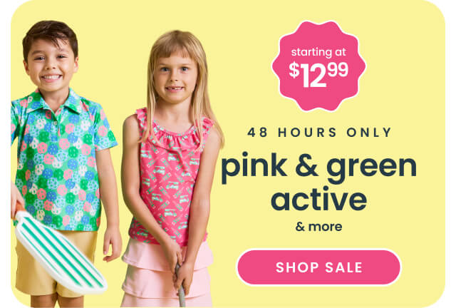 "Yellow banner reading ‘48 Hours Only’ and ‘pink & green active & more.’ Features coordinating pink and green activewear, a price badge reading ‘starting at $12.99,’ and a pink ‘Shop Sale’ button."