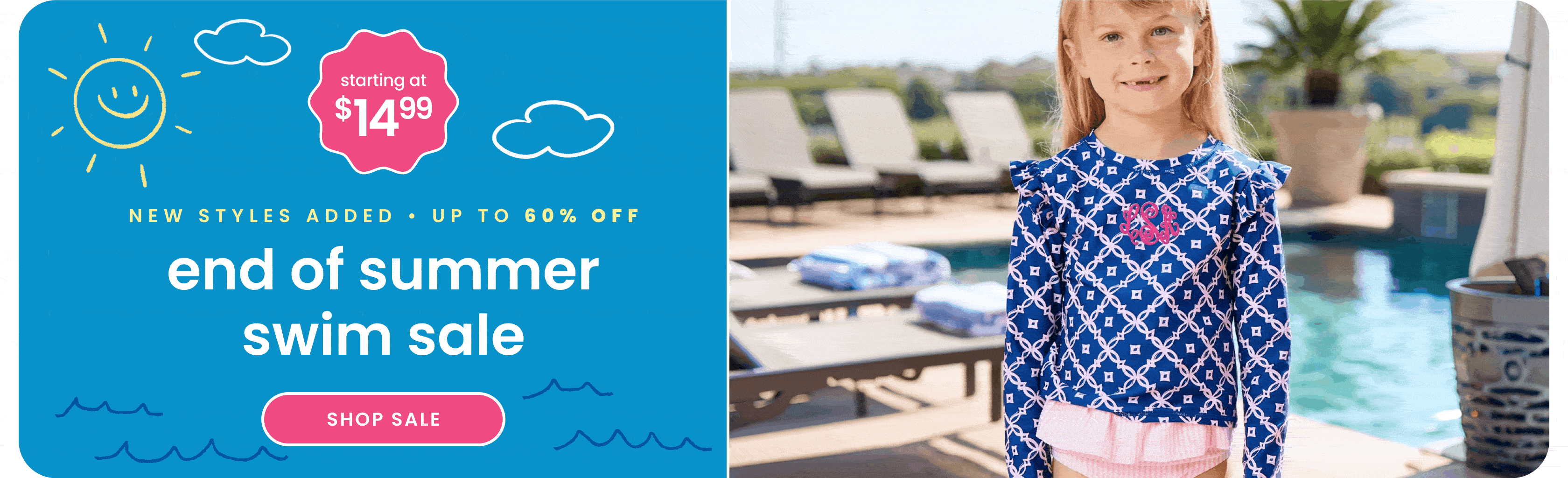 "Blue banner reading ‘End of Summer Swim Sale’ with text ‘100+ styles, up to 60% off’ and ‘starting at $14.99.’ Features a purple shell-print swimsuit, sun hat, and heart-shaped sunglasses with a pink ‘Shop Sale’ button."