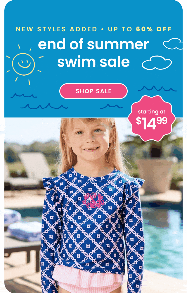 "Blue banner reading ‘End of Summer Swim Sale’ with text ‘100+ styles, up to 60% off’ and ‘starting at $14.99.’ Features a purple shell-print swimsuit, sun hat, and heart-shaped sunglasses with a pink ‘Shop Sale’ button."