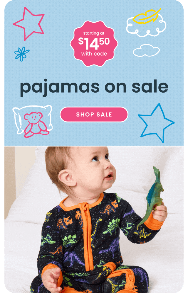 "Blue banner reading ‘Pajamas on Sale’ with text ‘starting at $14.50 with code.’ Features a dinosaur-print zip-front sleeper and a pink ‘Shop Sale’ button with playful star and cloud graphics."
