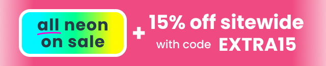 Red and pink banner with text "All Neon on Sale + 15% off sitewide with code EXTRA15"