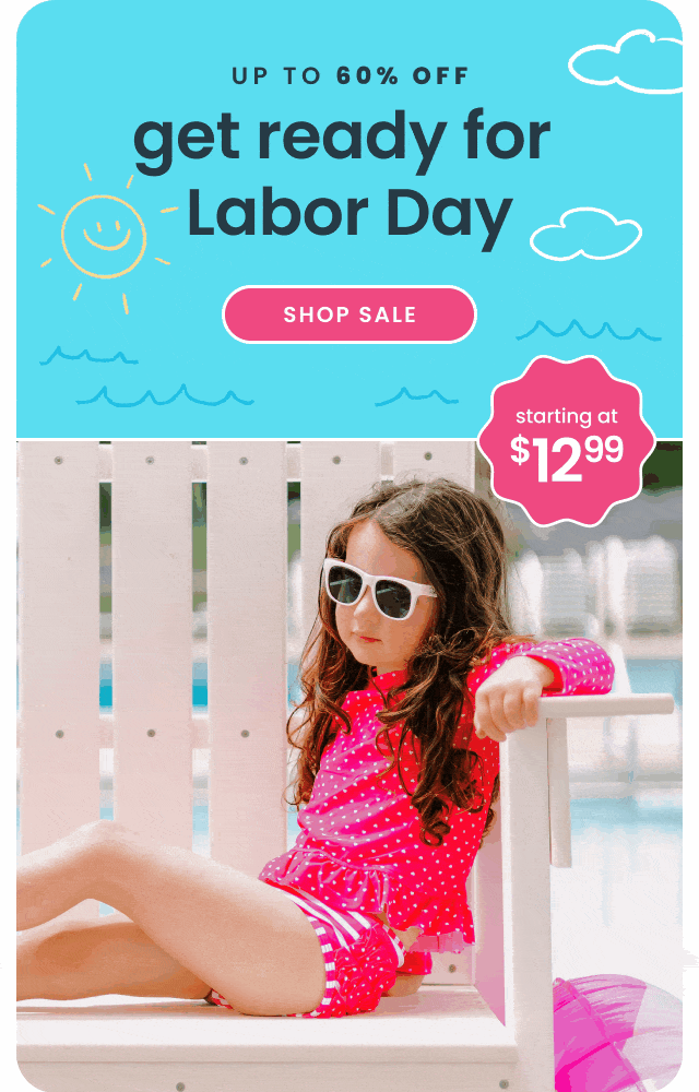 "Labor Day sale banner reading ‘Get Ready for Labor Day’ with ‘Up to 60% Off’ and ‘starting at $12.99.’ Features a pink polka-dot rash guard swim set and a pink ‘Shop Sale’ button."
